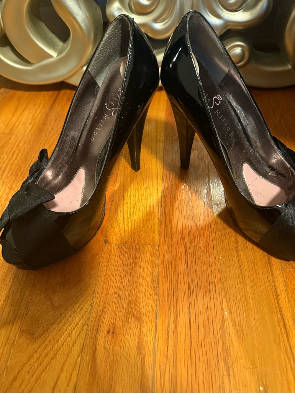 Paris Hilton Black Satin Peep-Toe Pumps with Bow - Picture 2 of 7
